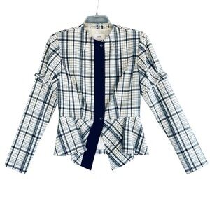 LEWIT Plaid Wool / Mohair Peplum Blazer Lined Blue White Size Small